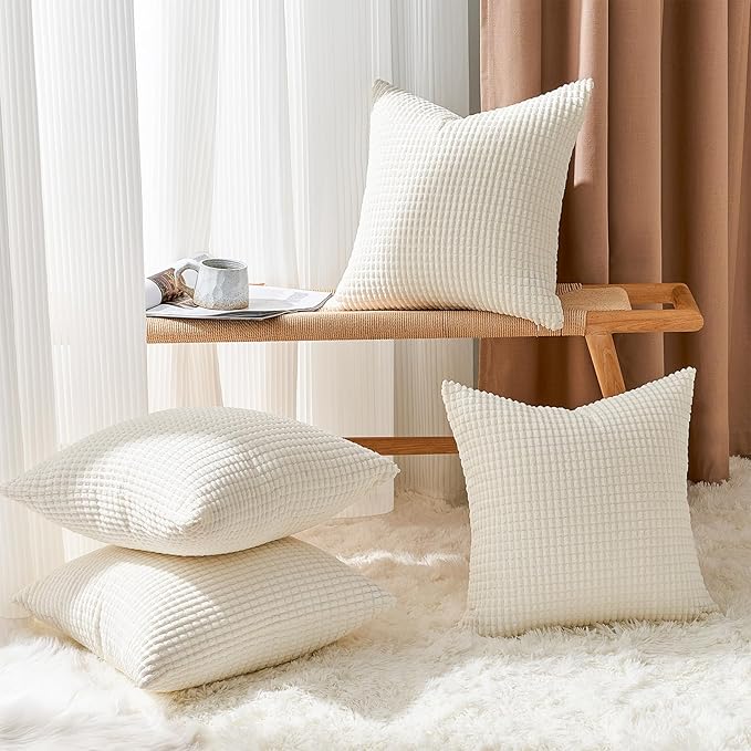 Topfinel 24x24 Inch Small Throw Pillow Covers Pack of 4 for Living Room Couch Bed Soft Corduroy Windmill Textured Boho Striped Patchwork Pillow Covers House Decor,Cream