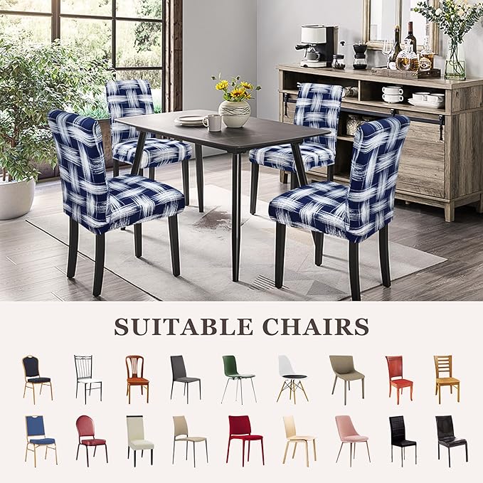 Sufdari Dining Chair Covers,Kitchen Chair Cover,Parsons Chair Slipcover,Spandex Chair Protectors for Dining Room Stretch Chairs Cover Set of 8 -Blue White Stripes