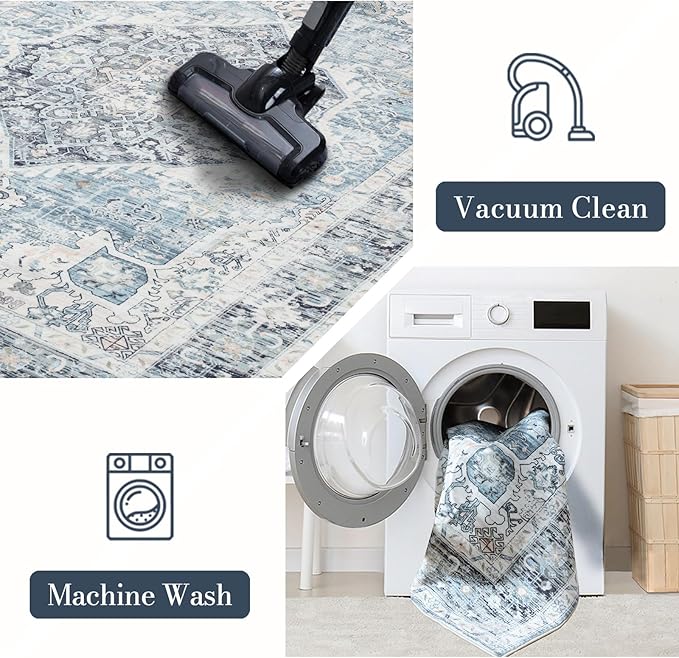 Area Rug 3×5, Vintage Boho Rug,Ultra-Soft Low Pile, Washable, Non Slip,Stain Resistant Printed Carpet for Living Room Bedrooms Playroom Office Kitchen, Light Blue