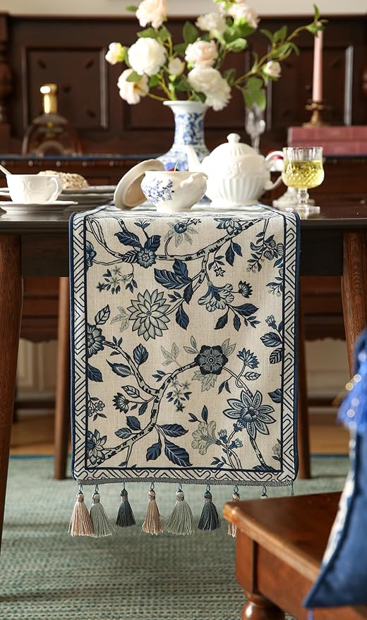 bilingaier Decorative Linen Table Runner 102 Inches Long,Chinoiserie Blue Floral Cloth Runner for Coffee Table Decor Tabletop Table Runners for Kitchen,Dining,Party,Home,Christmas,12"*102"