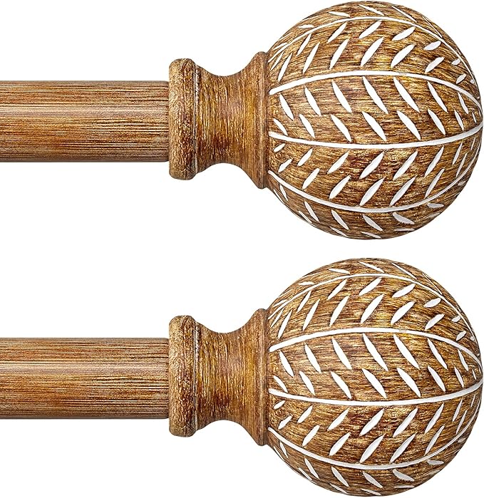 2 Pack Wood Curtain Rods for Windows 28 to 48 Inch,1'' Diameter Drapery Rods with Imitation Wood Grain Leaf Pattern Finials,Boho Adjustable Heavy Duty Curtain Rods Set,18-60'',Color:Natural Wood