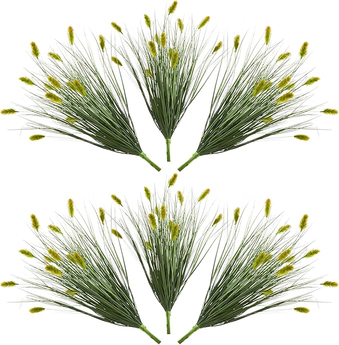24 inches Extra Lush Artificial Reed Grass (6pcs), Luxury Fake Plants with 13 Heads Dogtail Flower, Luxury Faux Greenery with Dogtail for Garden Porch and Home Decor (Green-13)