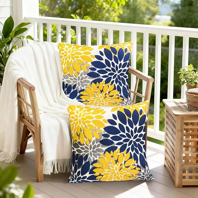 Decorative Throw Pillow Covers Set of 2 Blue Yellow Pillow Covers 18x18 Inch Couch Pillow Covers for Sofa Living Room Outdoor Throw Pillow Cover Linen Floral Flower Farmhouse Pillowcase