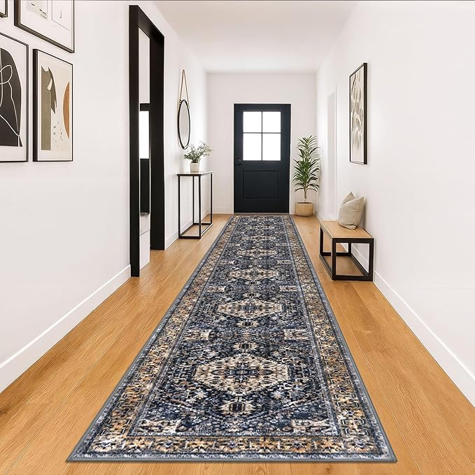 KOZYFLY Runners for Hallways 3x18 Ft Extra Long Washable Kitchen Thin Runner Rug Boho Runner Rug for Entryway Indoor Printed Faux Wool Stair Floor Carpet for Stair Kitchen Hall, Gold/Navy