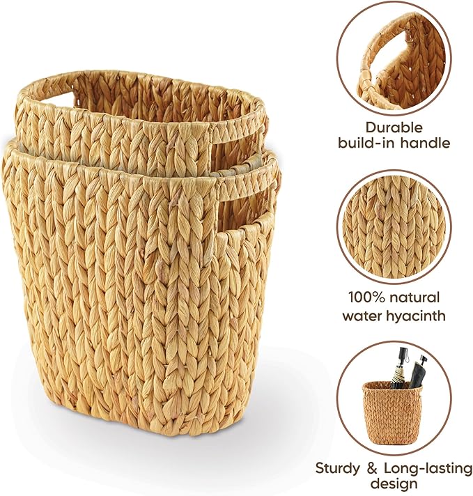 Greenatural Wicker Trash Can, Handwoven Water Hyacinth Waste Basket, Wicker Storage Bin with Natural Finish, Rustic Garbage Can for Laundry Room, Bathroom, Bedroom, Office, 13x7.5x12.25 inches