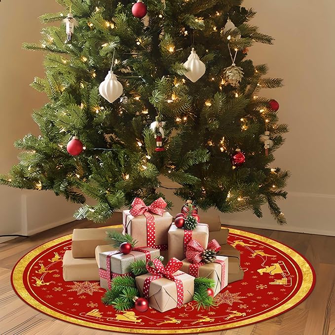 Christmas Tree Skirt 36 Inch, Gold Santa Reindeer Snowflake Merry Xmas Decor, Winter Christmas Tree Mat for Home Party Holiday Indoor Outdoor Decorations