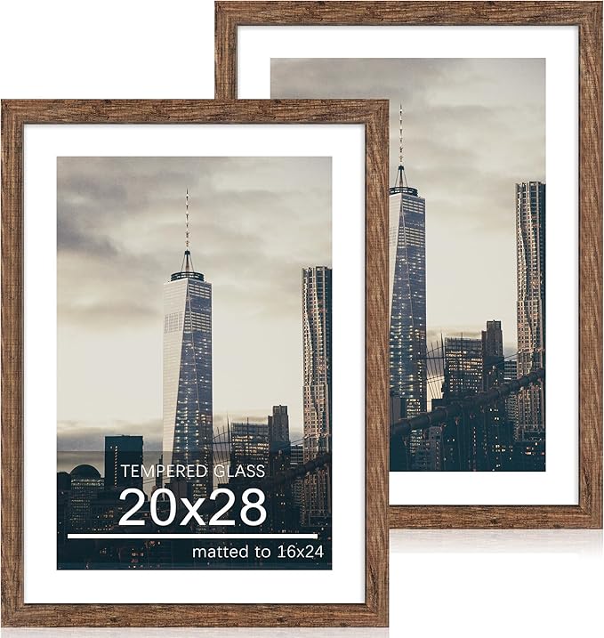 20x28 Poster Frame Set of 2, 20 x 28 Wood Picture Frames with Mat for 16x24, Wooden Photo Frame with Tempered Glass Cover for Wall Mounting Display, Rustic Brown