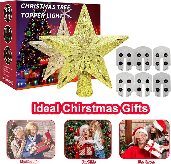 10" Christmas Tree Topper Star Lighted with 6 Projection Modes, Light Up Christmas Tree Topper Built-in LED Rotation Light, 3D Glitter Dynamic Projector Tree Top for Xmas Party Decorations Gift