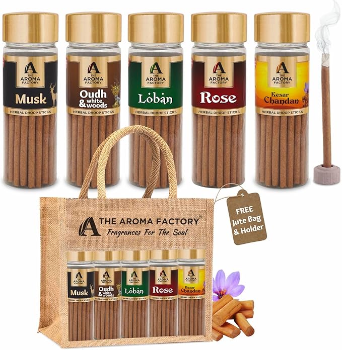 The Aroma Factory Dhoop batti .No Bamboo Herbal Dhoop Sticks with Incense Holder, 5 Bottle x 75g,with Jute Bag (Arabian Nights)