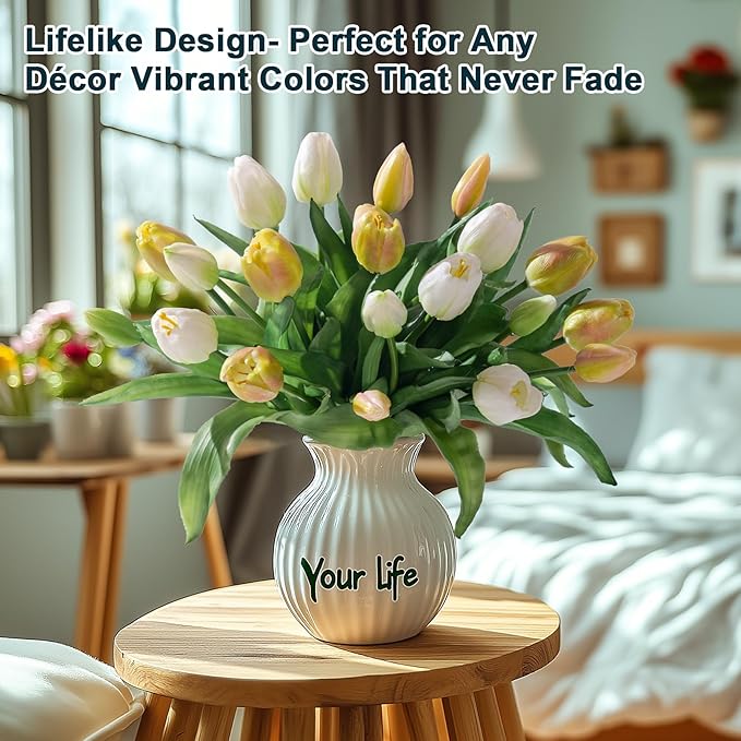 20PCS Fake Tulips Artificial Tulip Silk Flowers Fake PU Bouquet Artificial Flowers Faux Flowers with Gift Box Soft Faux Tulips Bouquets Arrangements for Party Wedding Home