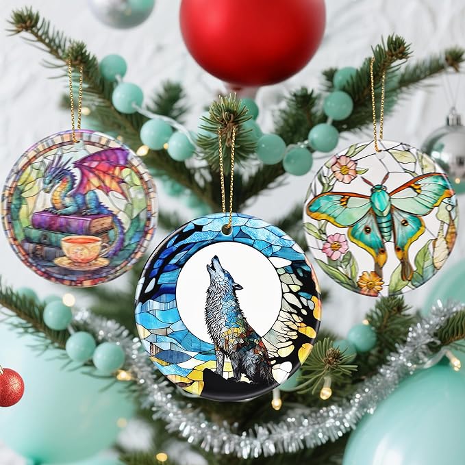 Christmas Ornaments, Dodosky 2.8in Ceramic Hanging Ornament, Xmas Decor, Christmas Tree Ornaments, Xmas Decorations for Tree, Holiday Ornament, Gifts for Wolf Lovers, Gifts for Women, Men
