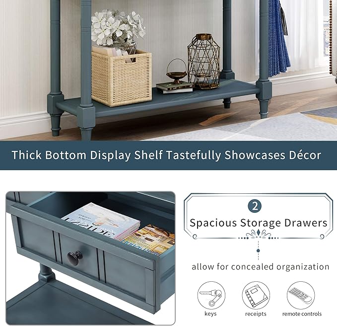 Knocbel 35.5 Inch Antique Entry Console Table with Drawers & Bottom Open Shelf, Solid Wood Sofa Couch Table for Entryway Hallway Living Room (Navy)