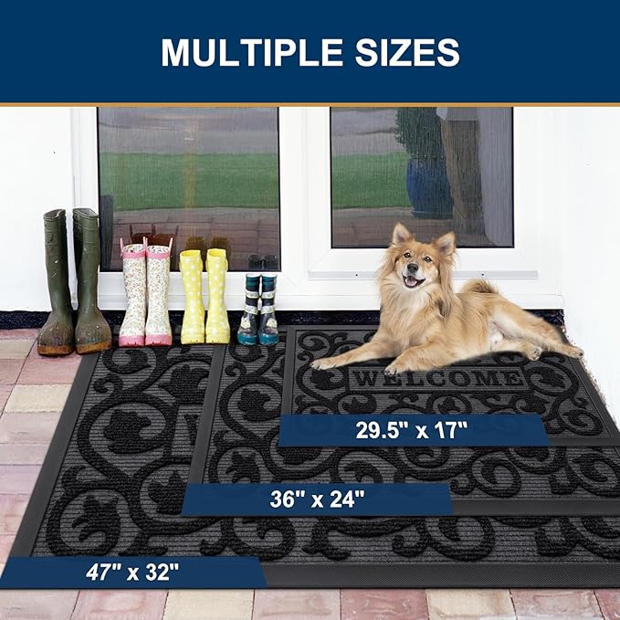 Smiry Welcome Door Mat Outside Entrance, Heavy Duty Trap Dirt and Moisture Easy Clean Low Profile Patio Porch Indoor Outdoor Front Doormat for Entry, 47x32 Inch, Black