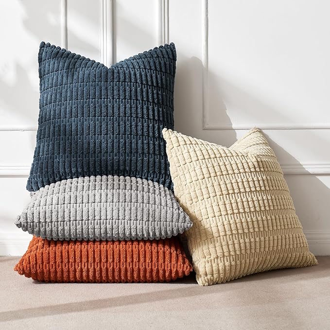 MIULEE Pack of 4 Boho Farmhouse Blue and Orange Corduroy Decorative Throw Pillow Covers 18x18 Inch Modern Retro Soft Striped Pillow Covers Home Decor for Sofa Living Room Couch Bed