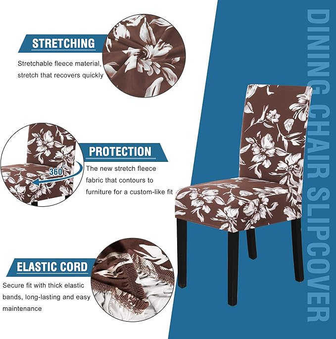 H.VERSAILTEX Stretch Dining Chair Covers Set of 4 Chair Covers for Dining Room Parsons Chair Slipcover Chair Protectors Covers Dining, Feature Modern Floral Printed Design, Chocolate