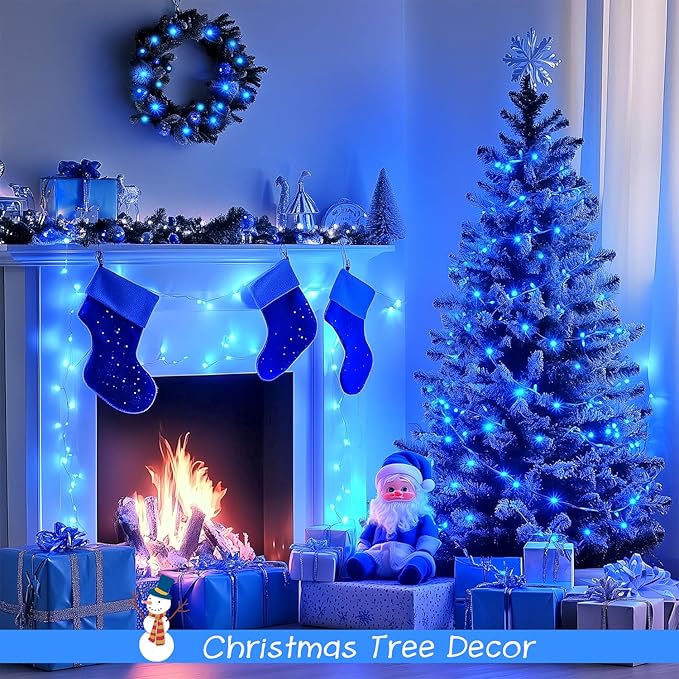JMEXSUSS 2 Pack 100 LED Blue Christmas Lights Indoor Outdoor, 33ft Connectable Christmas String Lights Plug in, 8 Modes Clear Wire Blue LED Lights for Xmas Tree Yard Bedroom Party Fireplace Decoration