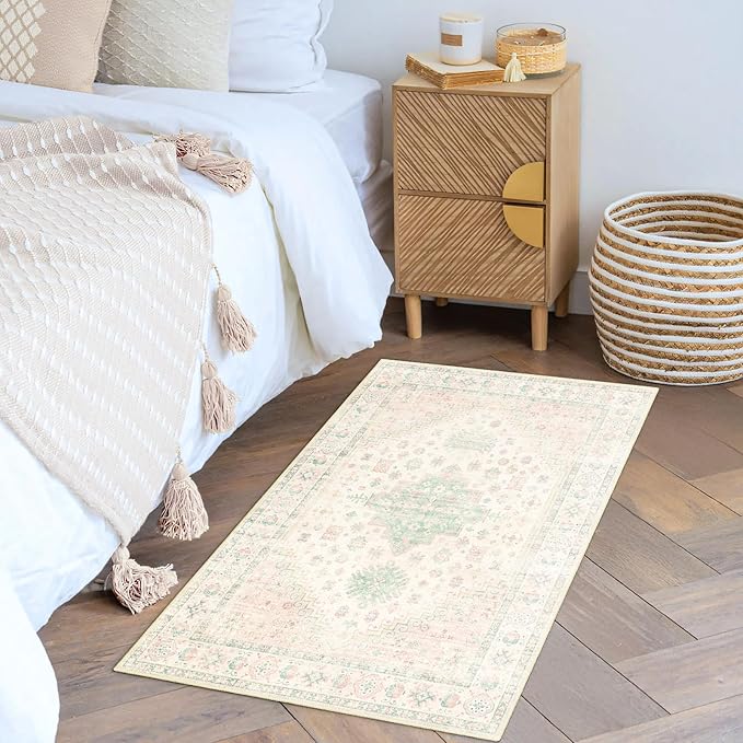 MUJOO Small Rug,2x3 Washable Area Rugs for Bathroom Entryway Entry Entrance Bedroom,Indoor Front Door Mat Non Slip Throw Carpet Boho Low Pile Light Pink and Green