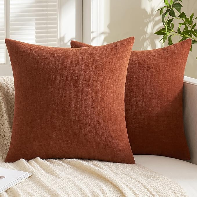 MIULEE Rust Couch Pillow Covers 22x22 Inch, Set of 2 Soft Chenille Decorative Square Throw Pillow Covers Farmhouse for Sofa Living Room Bed