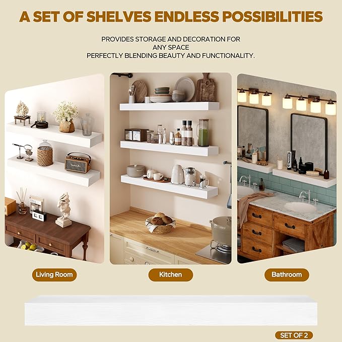 Floating Shelves 3 inch Thick for Wall Set of 2,Solid Pine Wood Wall Mount Shelf for Kitchen Living Room Bedroom Bathroom,8" D x 30" L x 3" H-White