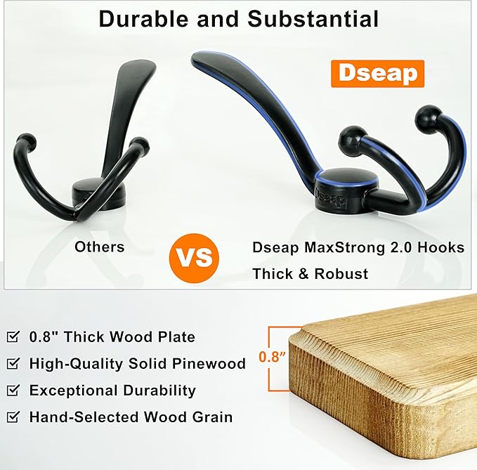 Dseap Coat Rack Wall - Heavy-duty 38-1/4" Long, with Reinforced 10 Custom Tri-Hooks, Solid Wood Wall Hanger for Coats Hat Jackets - Rustic Farmhouse Entryway Storage, Weathered Blue & Black, Pack of 2