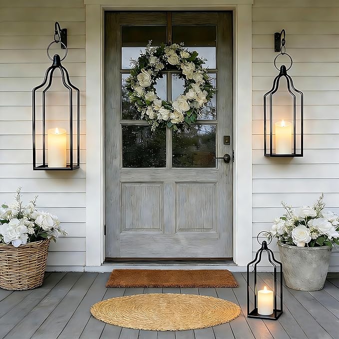 Rustic Farmhouse Decor Metal Lantern Set of 3 Decorative Lanterns for Home Indoor Outdoor Living Room, Fireplace, Patio, Wedding & Kitchen Table Centerpieces (Black, 16.9"+14.5"+12.2")