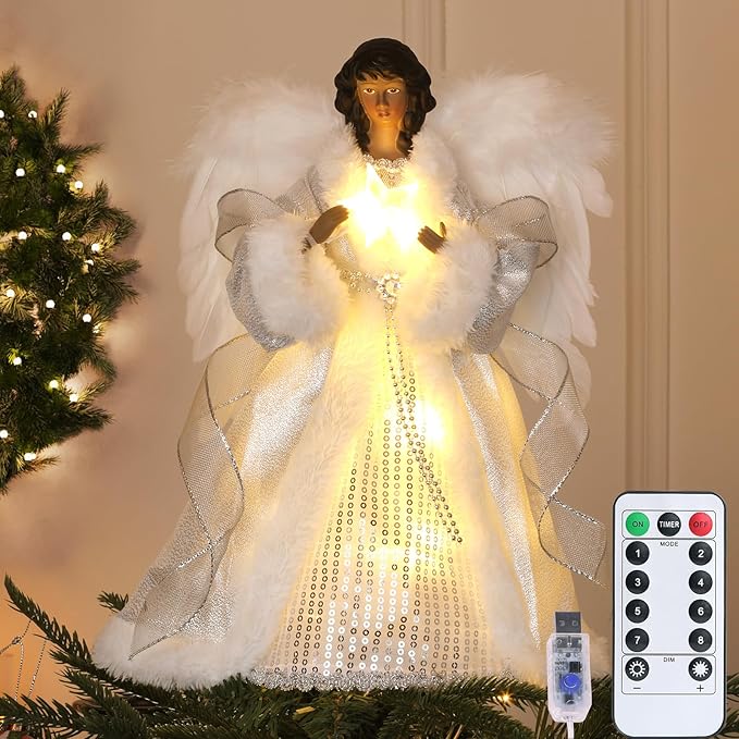 12.5" Black Angel Christmas Tree Topper with Lights, Lighted Angel Tree Topper with White Feather Wings and Star Light, Remote Control, Timer & USB Powered for Holiday Party Decor