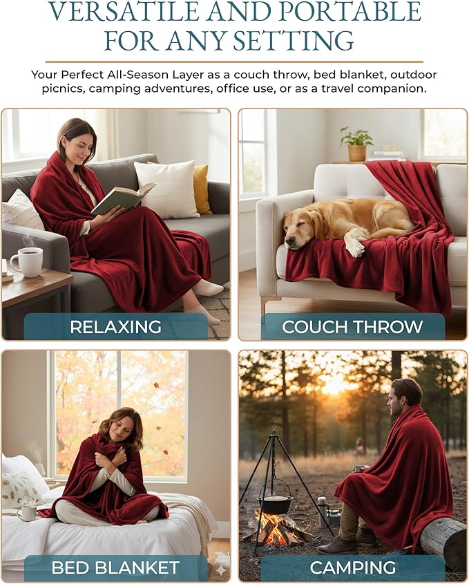 Casa Platino Twin Blanket – Dark Red Fleece Flannel Blanket 60x80 – Lightweight & Soft Blanket for Bed, Couch or Travel – Warm All Season Use