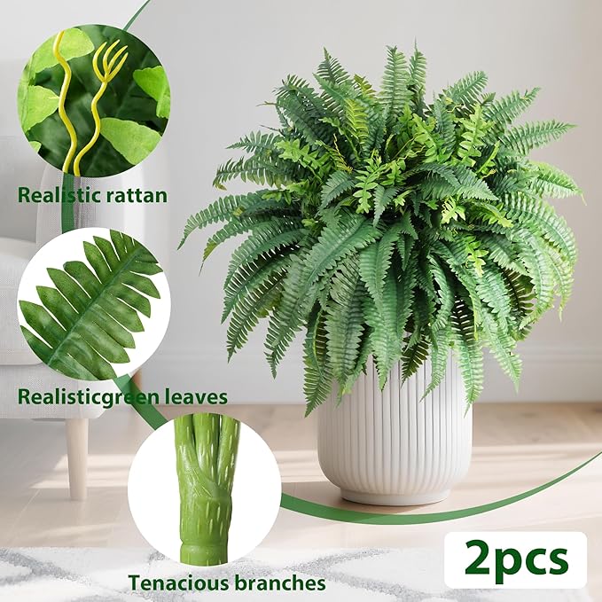 Fake Ferns Artificial Ferns for Outdoors Large Faux Ferns UV Resistance for Outdoor Large Planter Realistic Artificial Boston Fern Plants for Garden Balcony Terrace Decor 25.6In,2Pack,60Leaves