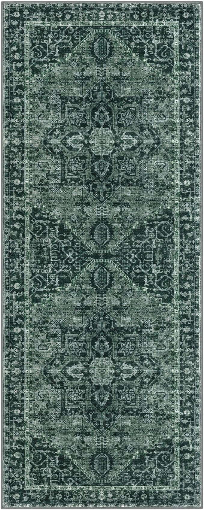 KOZYFLY Runners for Hallways 2x6 Ft Washable Kitchen Runner Rug Boho Runner Rug for Entryway Indoor Printed Oriental Faux Wool Floor Carpet Runner for Bedroom Kitchen Hall, Dark Green