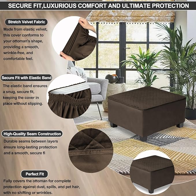 NeColorLife Waterproof Square Ottoman Cover, Thick Stretch Velvet Slipcover for Footstool, Non-Slip Soft Furniture Protector for Pets and Dogs,Coffee,Small