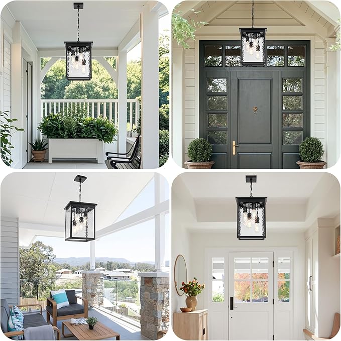 16.7'' Outdoor Pendant Lights for Porch, 4-Lights Black Exterior Pendant Light with Hammer Glass, Outdoor Porch Light Ceiling Mount Outdoor Hanging Light Fixture for Gazebo, Patio, Entryway
