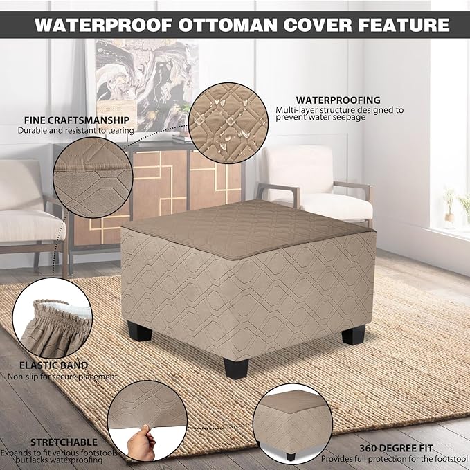 Ottoman Cover Square,Waterproof Square Ottoman Covers Thick Slipcover for Living Room,Washable Storage Footstool Furniture Protector for Dogs,Pets,Light Brown,Large