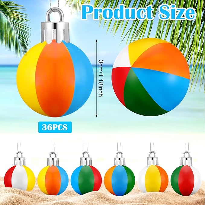 36 Pcs Mini Beach Ball Ornaments for Christmas Tree 1.2 Inch Shatterproof Plastic Summer Hanging Balls Decoration for Christmas Hawaiian Party Tropical Decorative Supplies(Classic)
