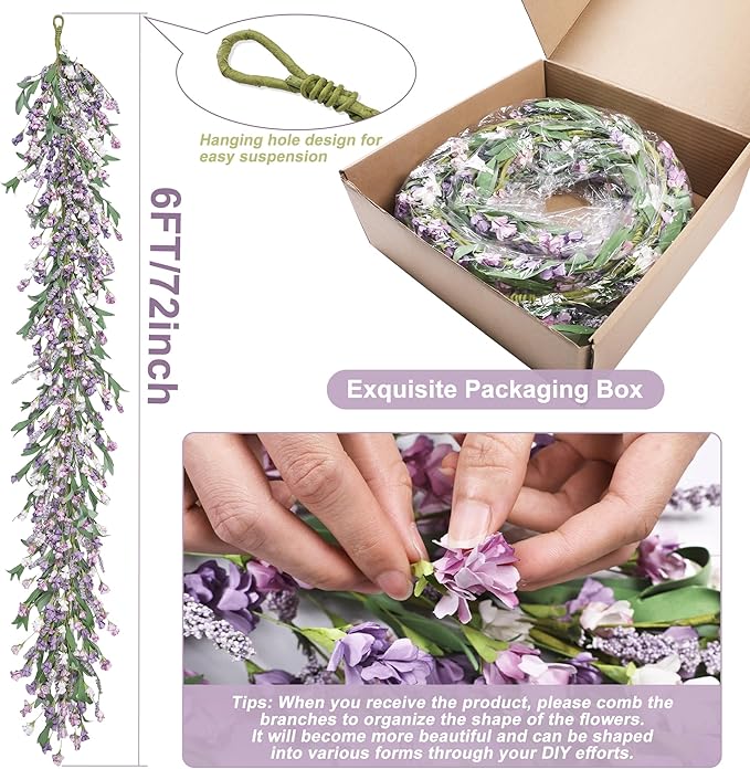Artgar Flower Garland 6Ft Spring/Summer Garlands Floral Garland for Mantle All Year Round Paper Garlands Decor for Indoor Outdoor Home Wedding Arch Porch Stair Backdrop Year Round Decor (Purple)