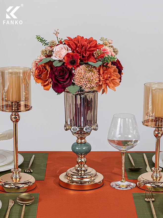 FANKO Artificial Flowers Red Rose, Mixed Fake Silk Flowers Combo Gradient Orange & Champagne Rose Burnt Orange Dahlia Chrysanthemum Vintage for DIY Wedding Bridal Bouquets, Home Decor