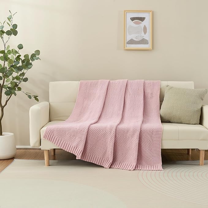 Knitted Throw Blanket 50"X60", Dusty Pink Knit Throws for Bed, Super Soft Boho Chevron Blankets for Couch Sofa Chair Room Decor, Textured Decorative Farmhouse Cozy Lightweight