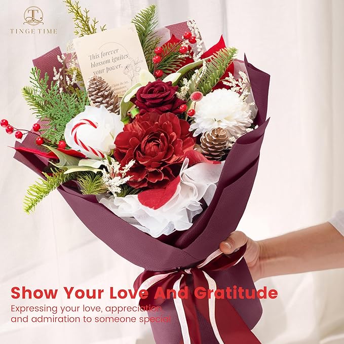 TINGE TIME Preserved Flowers Bouquet, Christmas Faux Rose Bouquets, Artificial Flowers Poinsettia Faux Flowers, for Christmas Centerpiece Table Home Holiday Party