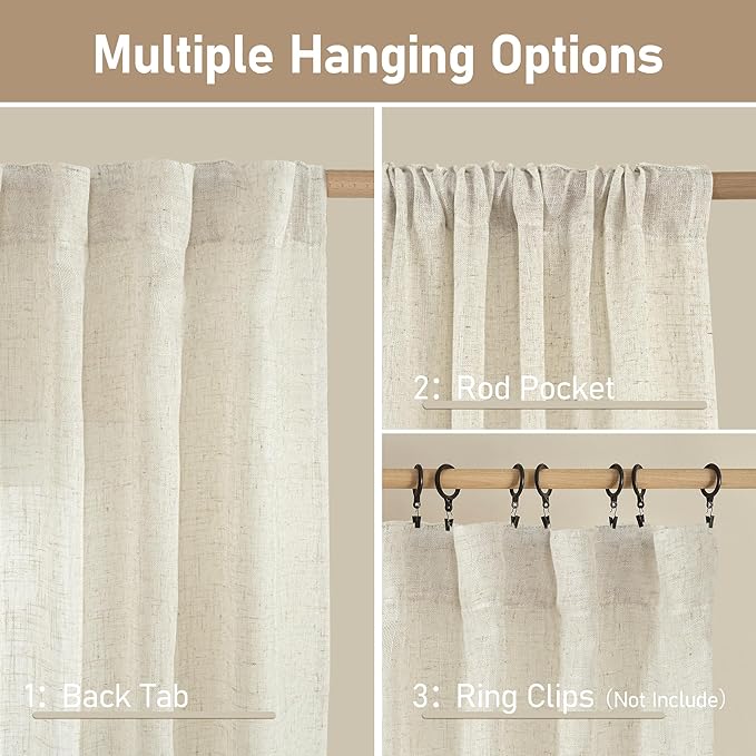 LAMIT Short Kitchen Linen Curtains 30 Inch Length for Small Windows, Cream Ivory Semi Sheer Light Filtering Panels Back Tab and Rod Pocket Cafe Drapes for Half Window, 2 Panels, 25 x 30 Inch