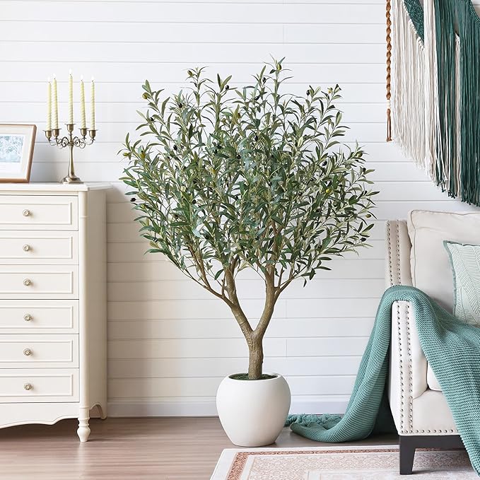 Olive Trees Artificial Indoor,5Ft Large Faux Plants,Tall Fake Tree with 12in White Round Planter,Full & Lush Faux Olive Tree for Home Decor Living Room, Office or Bedroom,Housewarming
