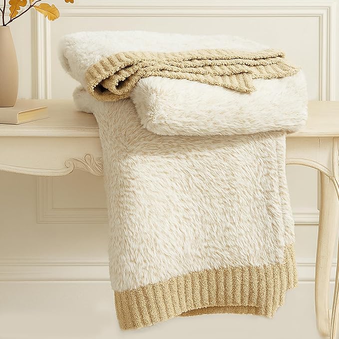 Amélie Home Knit Throw Blanket for Couch, Super Soft Fuzzy Blanket for Sofa, Luxury Cozy Fluffy Throw for Room Decor, 50" x 60", Heather Beige