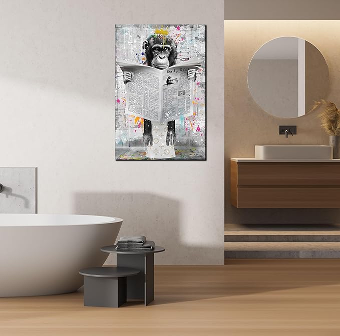 GUGIKA Monkey Wall Art for Bathroom, Funny Graffiti Art Wall Decor for Bedroom, Black and White Painting Canvas for Living Room, Restroom Picture, 16x24 Inch