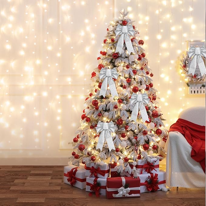 QDTK Christmas Tree Topper Bow Silver Glitter Christmas Bows Sparkly Stars Wreath Bow 13’’x9’’ Ribbon Bow for Wreaths Home Front Door Outdoor Xmas New Years Party Decorations