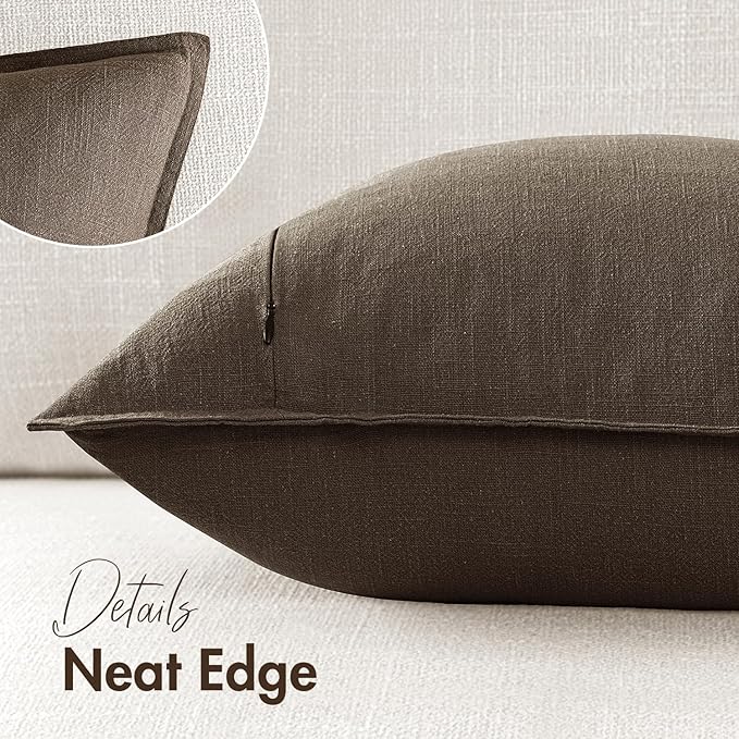 Woaboy 24x24 Inch Set of 2 Decorative Linen Solid Throw Pillow Covers Boho Accent Farmhouse Couch Pillowcases Modern Netural Euro Home Decor for Couch Sofa Living Room Bed,Dark Coffee