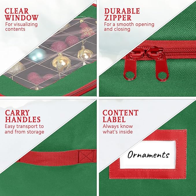 HOLDN’ STORAGE Christmas Ornament Storage Box with Dividers - Fits 96-3” Ornaments, 4 Removable Trays, Durable & Space-Saving, Clear Top Lid, Convenient Storage Designed, Green