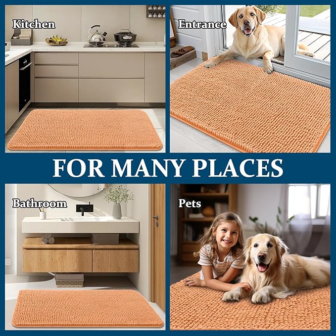 OLANLY Dog Door Mat for Muddy Paws 48x30, Absorbs Moisture and Dirt, Absorbent Non-Slip Washable Doormat, Quick Dry Chenille Mud Mat for Dogs, Entry Indoor Entryway Carpet for Inside Floor, Orange
