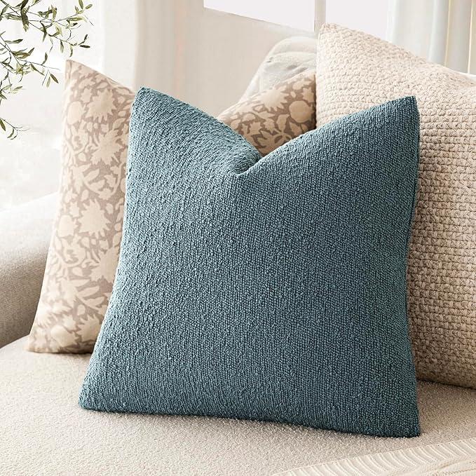 Foindtower Pack of 2, Decorative Textured Boucle Throw Pillow Covers Accent Solid Pillow Cases Cozy Soft Couch Cushion Case for Chair Sofa Bedroom Living Room Home Decor 22x22 Inch Misty Blue