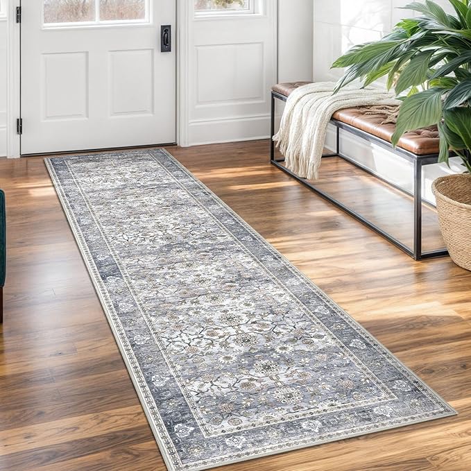 KUTA Vintage Floral Washable Hallway Runner, 2x7 Runners for Hallways Non-Slip Kitchen Rugs Grey Blue Ultra Thin Soft Printed Distressed Oriental Floor Carpet for Laundry Bedroom Living Room Nursery