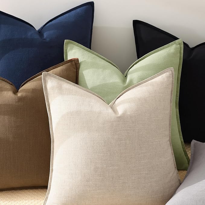 decorUhome Christmas Decorative Linen Throw Pillow Covers 18x18 Inch Set of 2 Natural Beige Soft Pillow Covers with Flange Edges Soft Farmhouse Boho Accent Pillow Cases for Couch Sofa Bed Living Room