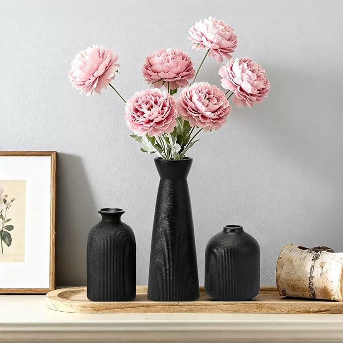 Christmas Black Ceramic Flower Vases Set of 3, Large Xmas Gift Vases with Vertical Stripe Texture, Modern Decorative Vases for Dried Flowers, Home Decor for Living Room Bedroom Kitchen Shelf