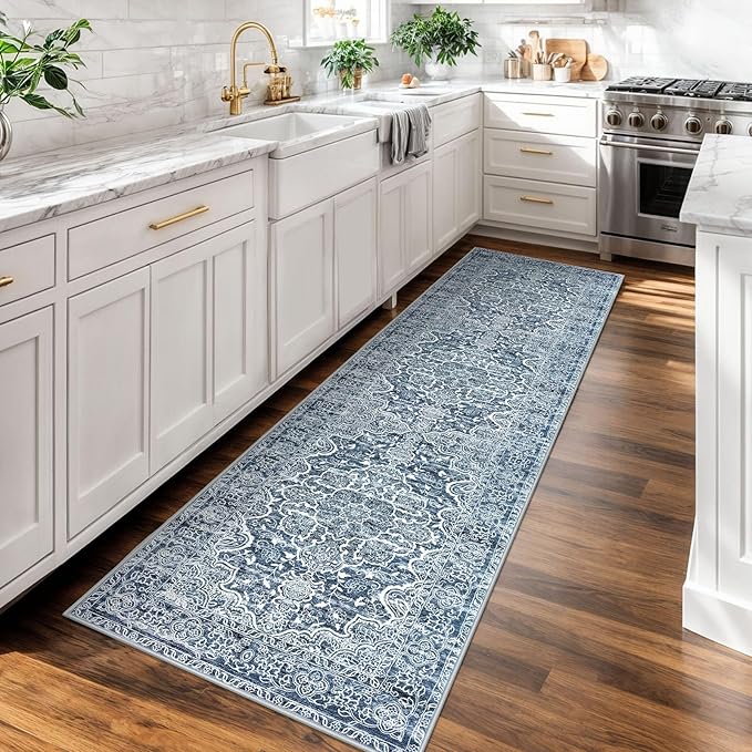 KUTA Vintage Washable Runner Rug, 2x7 Non-Slip Vintage Blue White Hallway Kitchen Runners Soft Printed Distressed Tribal Farmhouse Floor Carpet Rugs for Laundry Bedroom Living Room